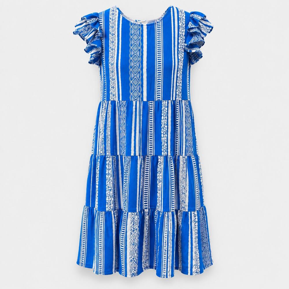 Pink Lily Dress Womens Small Blue White Tiered Boho Stripe Ruffle Sleeve Flowy